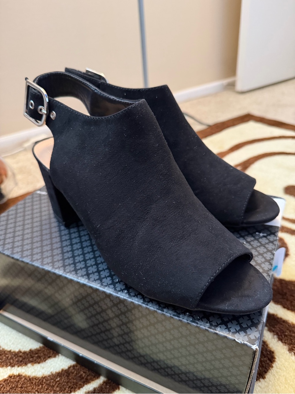 Massini Black Suede Peep-Toe Slingback Block Heel Mules